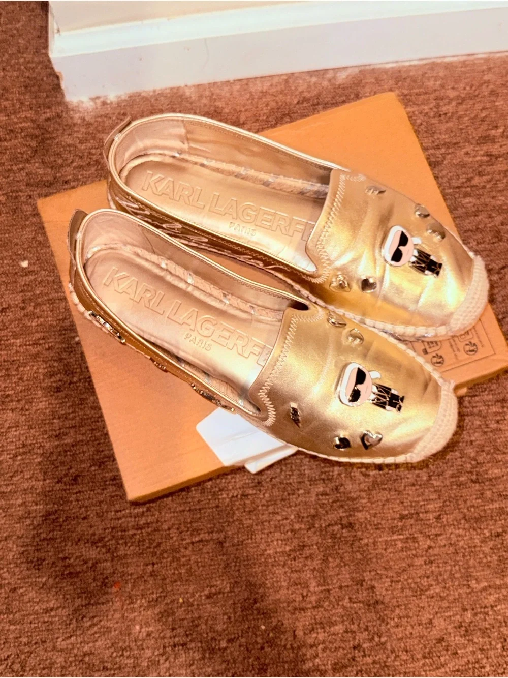 Karl Lagerfeld Metallic Gold Espadrille Slip-Ons with Character & Heart Accents